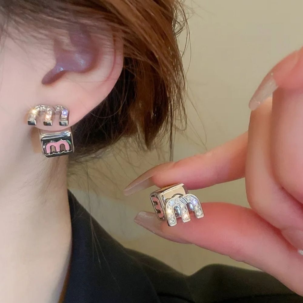 Silver Plated “M” Multicolor Cube Back Weighted Earrings